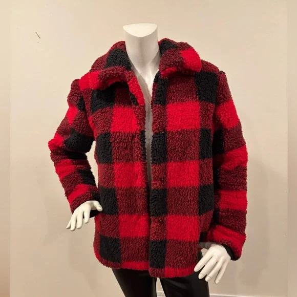 Knox Rose Buffalo Check Plaid Sherpa Jacket - Red and Black, Women’s M - Picture 2 of 12